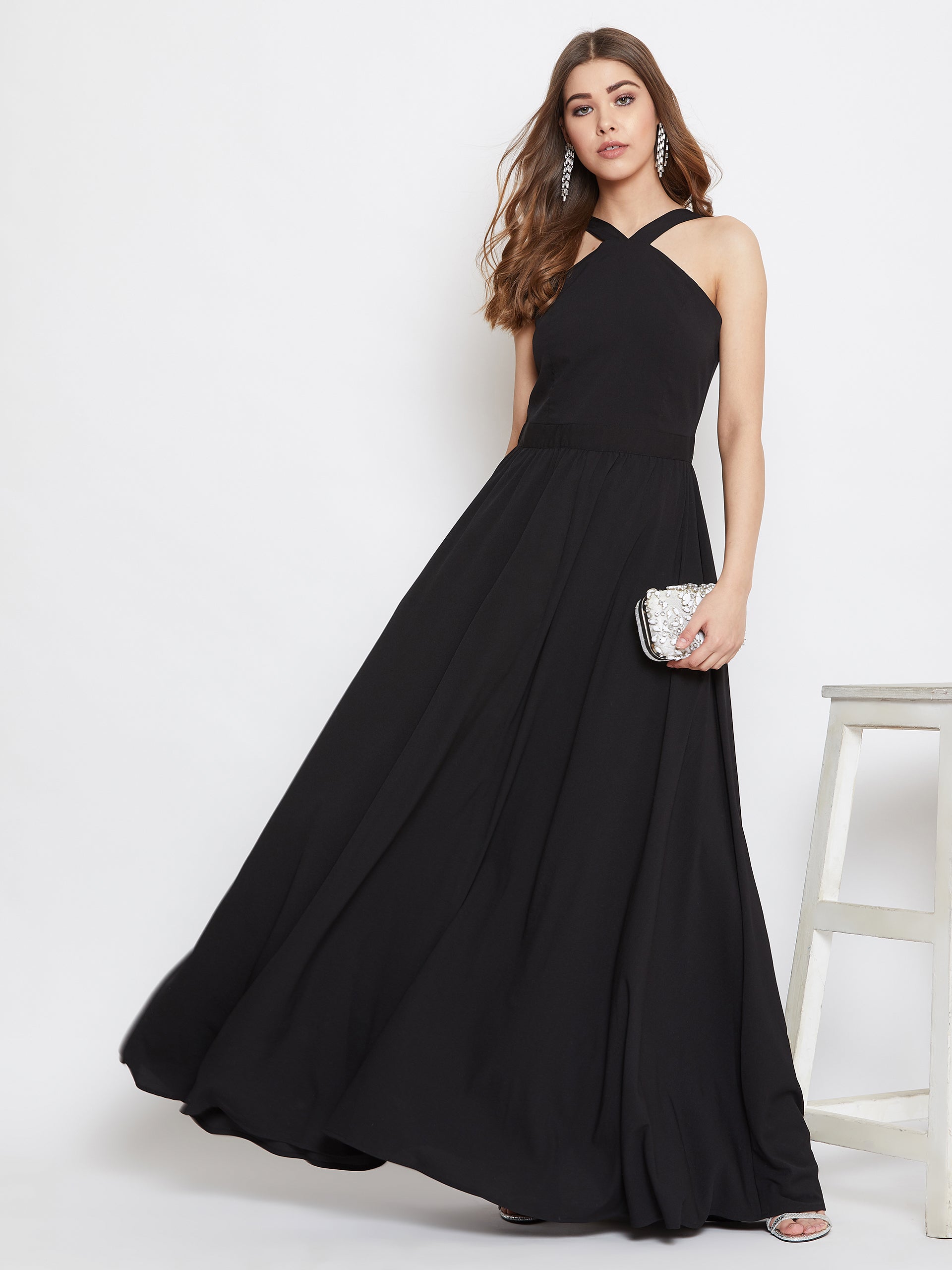 Black halter Neck Flared Maxi Dress ...